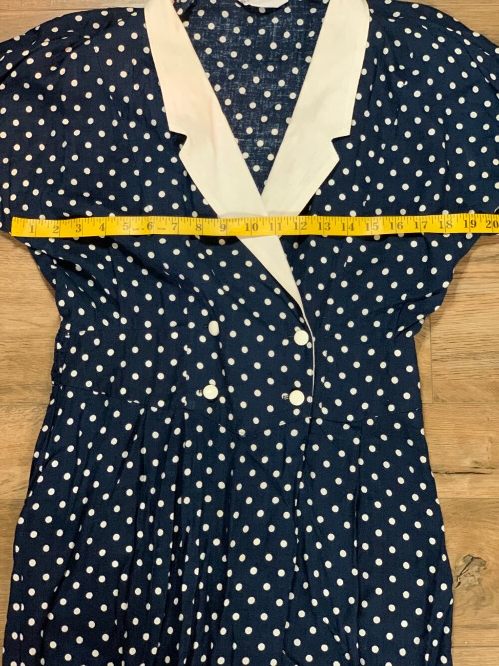 Vintage 90s Polka Dot Dress Navy White Double Breasted Modest Rockabilly Sheath - Picture 10 of 13
